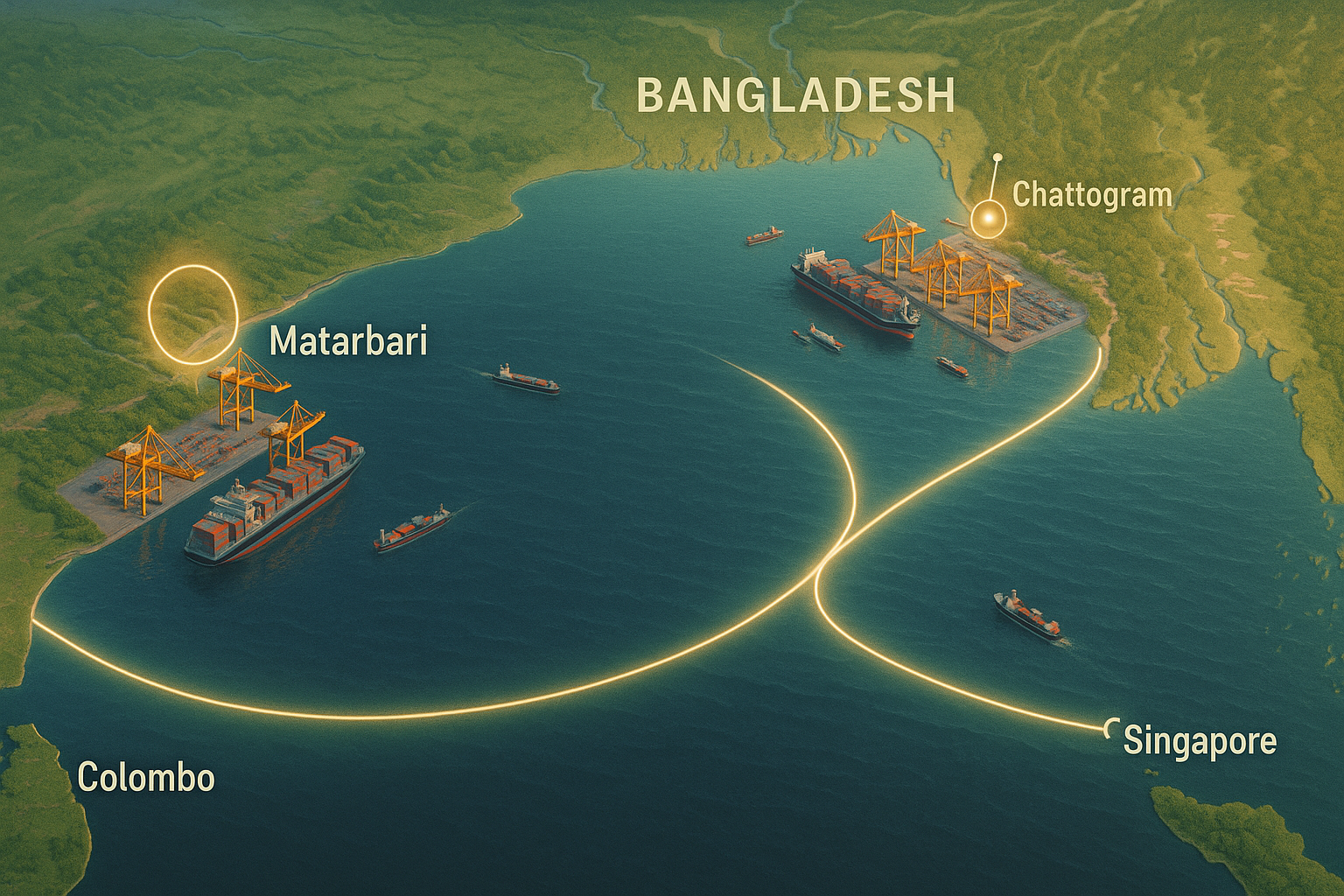 How will Matarbari Deep Seaport, Bay Terminal transform Bangladesh into a transshipment hub for global maritime trade?